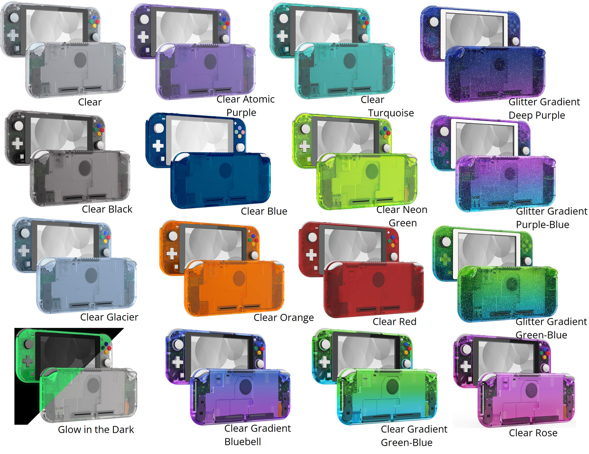 Collection of colorful cases with various designs and colors on a white background