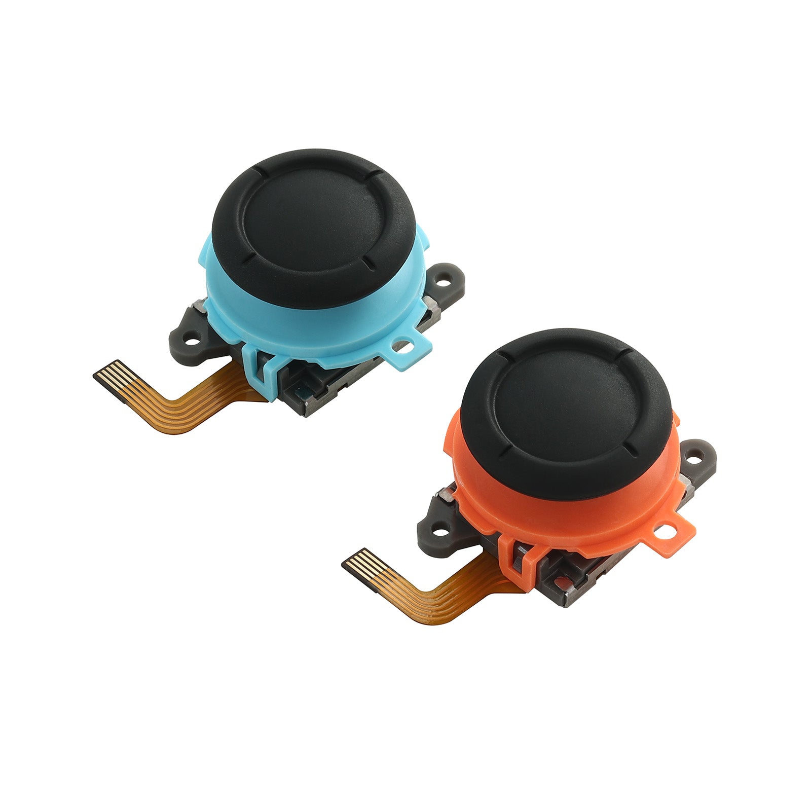 Two joystick components, one blue and one orange, on a white background.