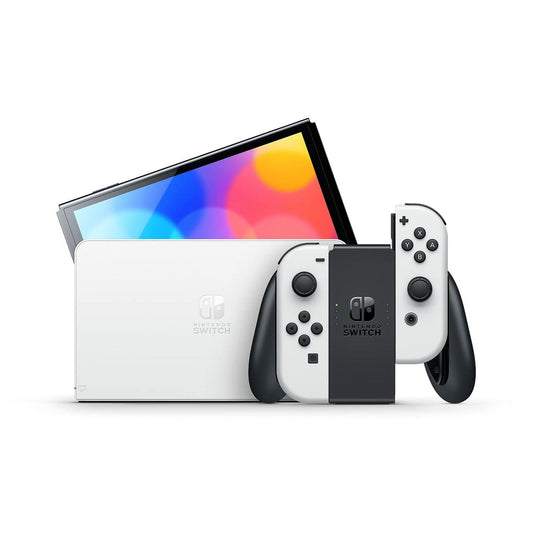 Nintendo Switch console with two Joy-Con controllers on a white background