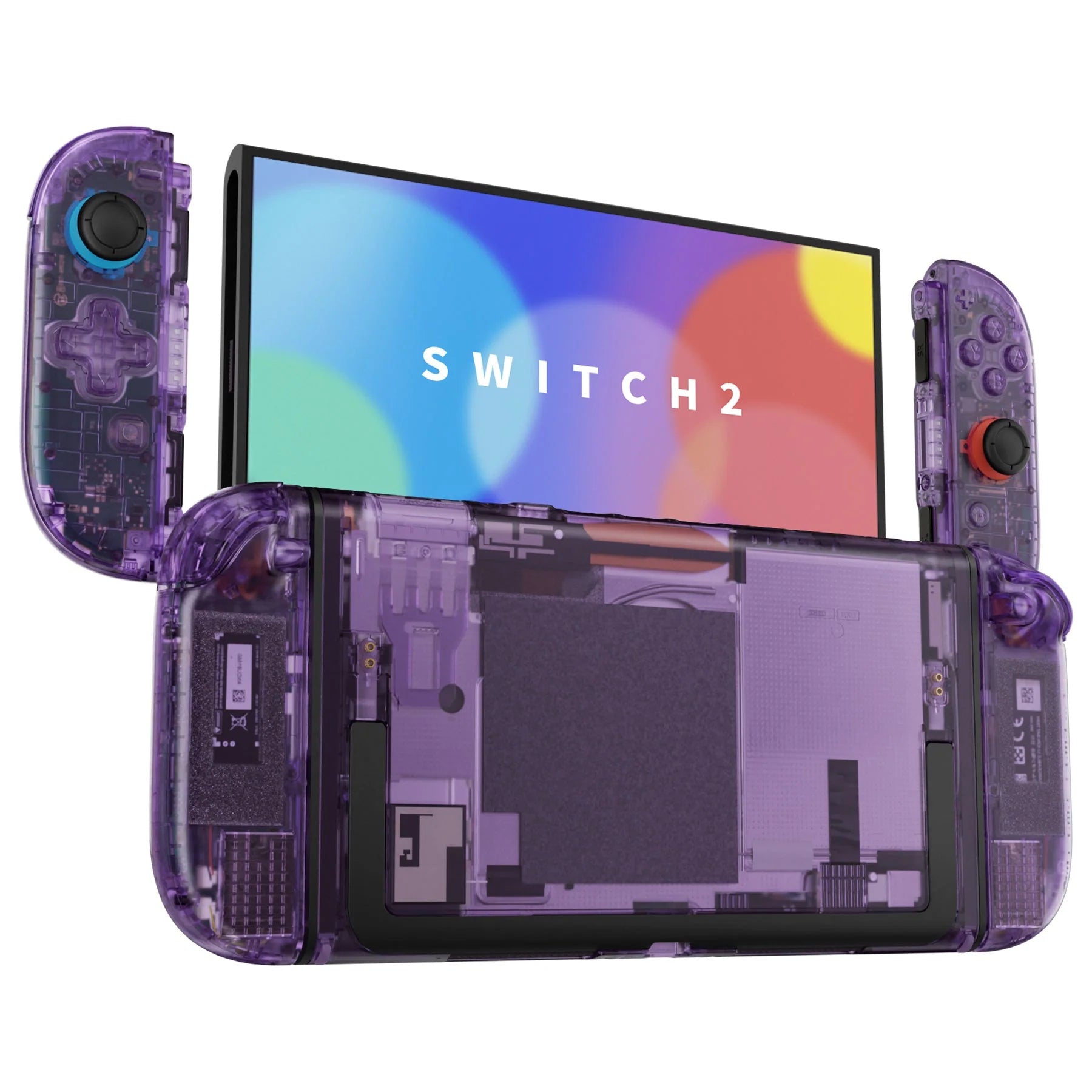 Nintendo Switch 2 handheld console in translucent purple, shown with the front cover open to reveal the internal components and screen attached behind it. The screen displays the word SWITCH2 over a colorful abstract background.