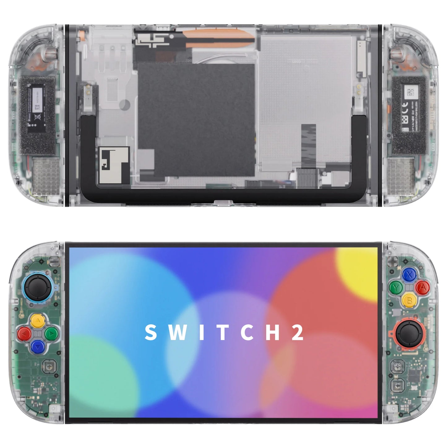 A transparent shell view of a Nintendo Switch 2 console showing the internal components, with a second view below showing the front of the console with the colorful SWITCH 2 logo on the screen.