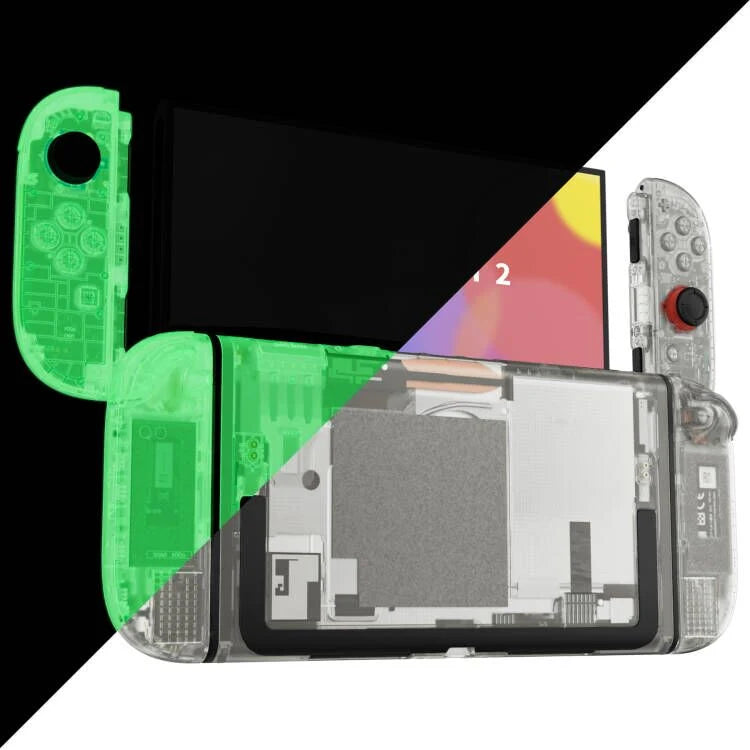 Transparent gaming console with green Joy-Con and visible internal components on a black and white background