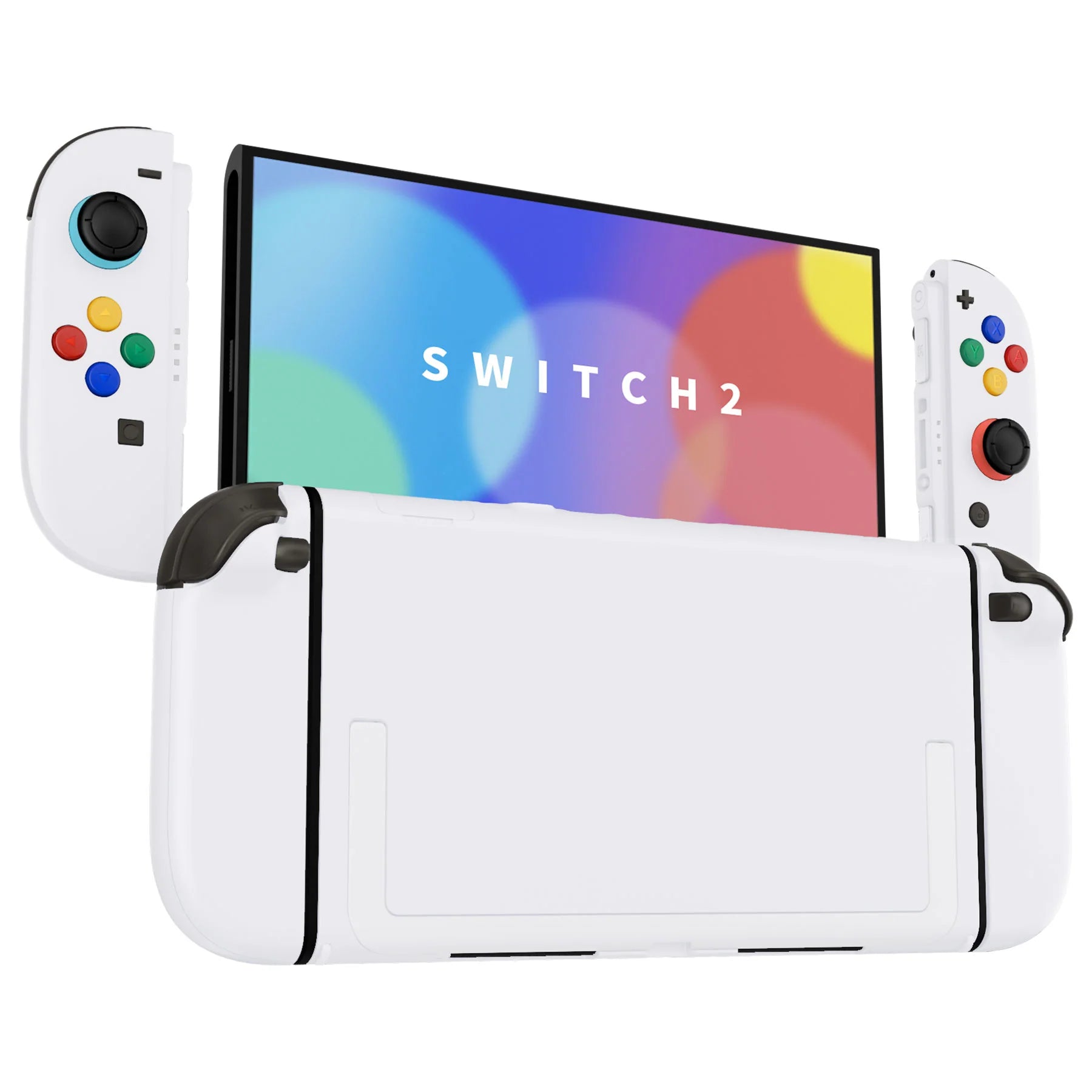 White gaming console with colorful screen and controller on a white background